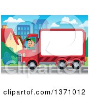 Poster, Art Print Of Cartoon Happy White Man Driving A Delivery Truck With Advertising Space In A Town