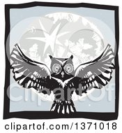 Poster, Art Print Of Black And White Woodcut Flying Owl Over A Full Moon In A Gray Square