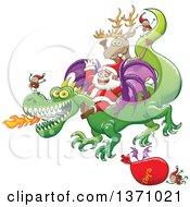 Poster, Art Print Of Christmas Scene Of Santa And Crew Riding A Dragon A Sack Of Toys Flying