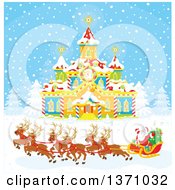 Clipart Of A Team Of Reindeer Pulling Santas Sleigh In Front Of A Building With A Clock Tower Royalty Free Vector Illustration