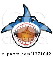 Poster, Art Print Of Shark School Mascot Character Biting A Basketball