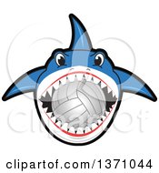 Poster, Art Print Of Shark School Mascot Character Biting A Volleyball