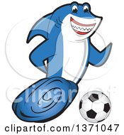 Poster, Art Print Of Shark School Mascot Character Playing Soccer