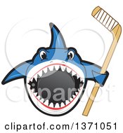 Poster, Art Print Of Shark School Mascot Character Biting A Hockey Puck And Holding A Stick