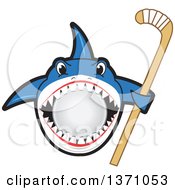 Shark School Mascot Character Biting A Ball And Holding A Stick
