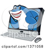 Shark School Mascot Character Emerging From A Desktop Computer Screen