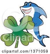 Poster, Art Print Of Shark School Mascot Character With A St Patricks Day Four Leaf Clover