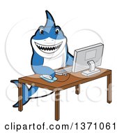 Poster, Art Print Of Shark School Mascot Character Using A Desktop Computer