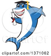 Poster, Art Print Of Shark School Mascot Character Graduate Holding A Diploma