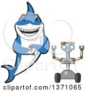 Poster, Art Print Of Shark School Mascot Character Controlling A Robot