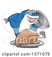 Poster, Art Print Of Shark School Mascot Character Serving A Roasted Thanksgiving Turkey