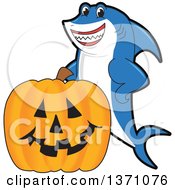 Poster, Art Print Of Shark School Mascot Character With A Jackolantern Pumpkin