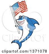 Poster, Art Print Of Shark School Mascot Character Holding An American Flag
