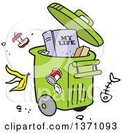 Poster, Art Print Of Cartoon Rolling Trash Bin With Waste All Around And A My Life Book