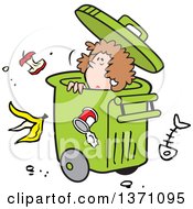 Poster, Art Print Of Cartoon Disposable Woman In A Rolling Trash Bin With Waste All Around