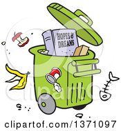Poster, Art Print Of Cartoon Hopes And Dreams Book In A Rolling Trash Bin With Waste All Around