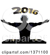 Clipart Of A Silhouetted Male DJ Holding His Arms Up Over Record Decks With New Year 2016 Royalty Free Vector Illustration