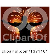 Clipart Of A Silhouetted Male DJ Holding His Arms Up Over Record Decks And Fireworks Royalty Free Vector Illustration