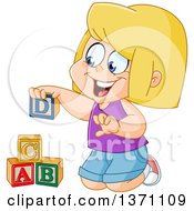 Poster, Art Print Of Cartoon Blond White Girl Playing With Alphabet Toy Blocks