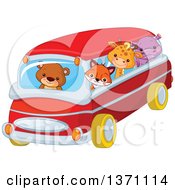 Poster, Art Print Of Cute Baby Bear Cub Driving A Fox Giraffe And Hippo In A Bus
