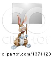 Clipart Of A Happy Brown Bunny Rabbit Holding A Blank Sign Royalty Free Vector Illustration