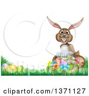 Poster, Art Print Of Brown Bunny Rabbit With A Basket And Easter Eggs In Grass With Text Space