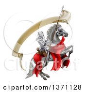 Poster, Art Print Of 3d Fully Armored Medieval Knight On A Rearing White Horse Holding A Spear Flag