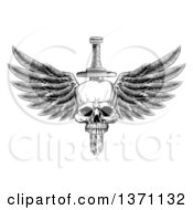 Clipart Of A Black And White Vintage Engraved Or Woodcut Dagger Through A Winged Skull Royalty Free Vector Illustration
