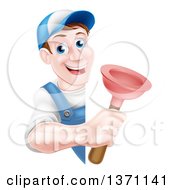 Poster, Art Print Of Middle Aged Brunette White Male Plumber Wearing A Baseball Cap Holding A Plunger Around A Sign