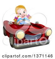 Poster, Art Print Of Happy Blond White Girl Driving A Red Convertible Car