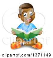 Poster, Art Print Of Happy Black Boy Sitting On The Floor And Reading A Book