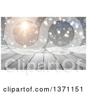 Poster, Art Print Of 3d Wood Table Or Deck With Sunshine And A Snowy Background