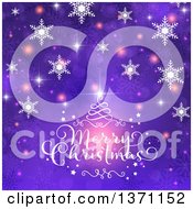 Poster, Art Print Of Merry Christmas Greeting Over Purple With Snowflakes Bokeh Stars And Swirls