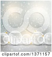 Clipart Of A Christmas Background With 3d Transparent Glass Snowflake Bauble Ornaments Over Gray With Stars And Snow Royalty Free Vector Illustration