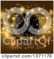 Poster, Art Print Of Happy New Year Greeting With A Clock Stars And Flares On Gold