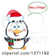 Poster, Art Print Of Happy Christmas Penguin Saying Happy Holidays And Wearing A Santa Hat