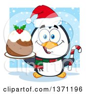 Poster, Art Print Of Christmas Penguin Holding A Plum Pudding Dessert And Candy Cane In The Snow