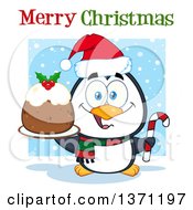 Poster, Art Print Of Penguin Holding A Plum Pudding Dessert And Candy Cane Under Merry Christmas Text
