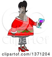 Cartoon Chubby Black Woman Holding A Glass Of Wine And Wearing An Ugly Christmas Sweater At A Party