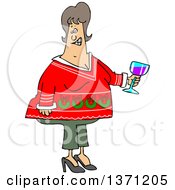 Cartoon Chubby White Woman Holding A Glass Of Wine And Wearing An Ugly Christmas Sweater At A Party