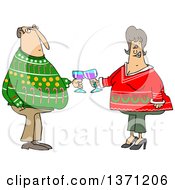 Cartoon Chubby White Couple Holding Glasses Of Wine And Wearing Ugly Christmas Sweaters At A Party