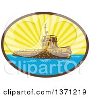Poster, Art Print Of Retro Woodcut Tugboat In A Sunburst Oval