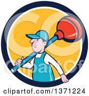Poster, Art Print Of Retro Cartoon White Male Plumber With A Giant Plunger Over His Shoulder Emerging From A Blue White And Yellow Circle