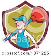 Poster, Art Print Of Retro Cartoon White Male Plumber With A Giant Plunger Over His Shoulder Emerging From A Shield