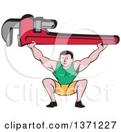 Poster, Art Print Of Retro Cartoon White Male Plumber Bodybuilder Doing Squats With A Giant Monkey Wrench