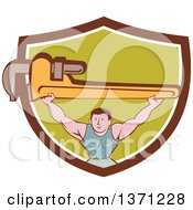 Poster, Art Print Of Retro Cartoon White Male Plumber Bodybuilder Doing Squats With A Giant Monkey Wrench In A Shield
