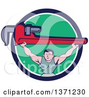 Poster, Art Print Of Retro Cartoon White Male Plumber Bodybuilder Doing Squats With A Giant Monkey Wrench In A Blue White And Green Circle