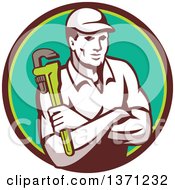 Poster, Art Print Of Retro Male Plumber Holding A Monkey Wrench With Folded Arms In A Brown And Green Circle