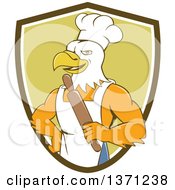 Cartoon Bald Eagle Man Chef Baker Holding A Rolling Pin In A Shield