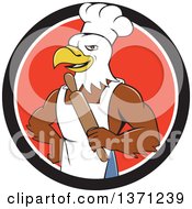 Poster, Art Print Of Cartoon Bald Eagle Man Chef Baker Holding A Rolling Pin In A Black White And Red Circle